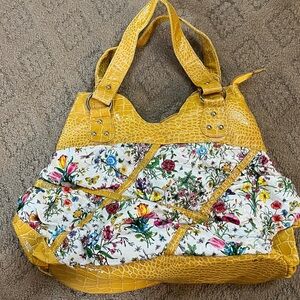 Mustard Yellow Croc-Embossed Floral Patchwork Tote Bag